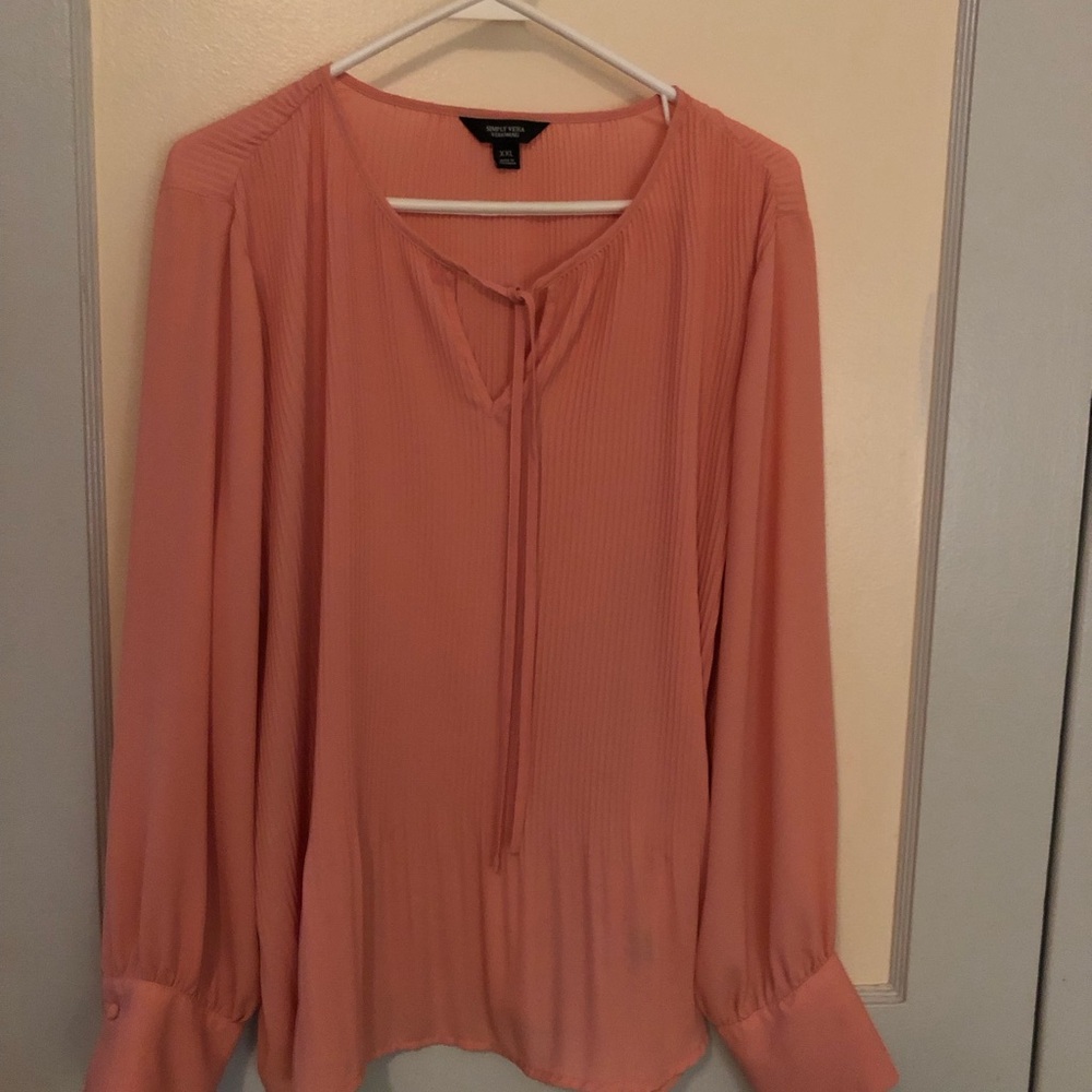 Simply Vera by Vera Wang XXL Coral Peach Tie Front Chiffon pleated blouse EUC